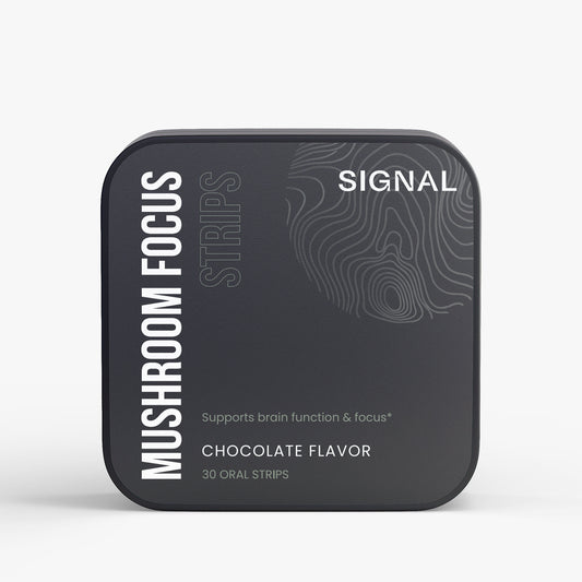 SIGNAL Mushroom Focus Strips chocolate flavour oral strip tin front view