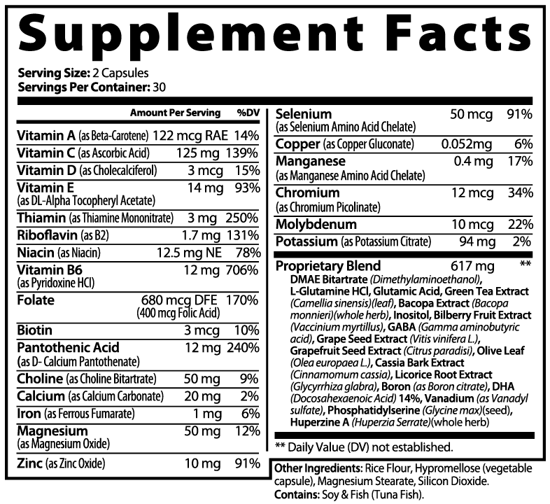 SIGNAL Brain Focus supplement facts panel – B-complex, DHA, Bacopa, Phosphatidylserine, Huperzine A